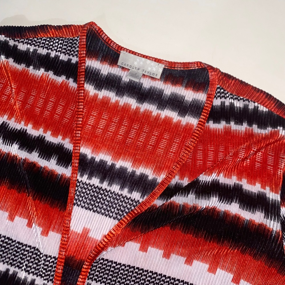 Carolyn Taylor Red Black White Ikat Plisse Open Front Cardigan 3/4 Sleeve Small